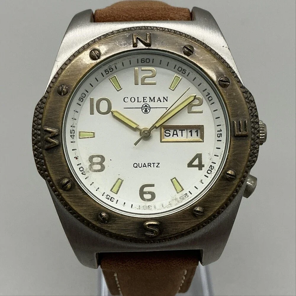 Coleman 40-949 Mens Watch 42mm White Dial Brown Leather Day Date New Battery